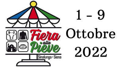 Logo Fiera Alla Pieve - dal 1 al 9 ottobre 2022 - Giostra stilizzata con i simboli della Fiera: la chianina, l'abbigliamento, la Chiesa di San Pietro Ad Mensulas e un panino