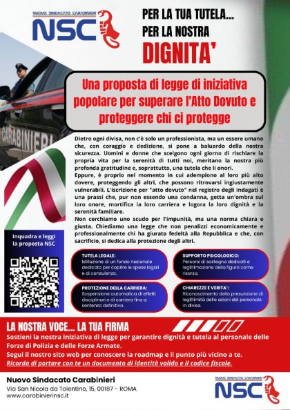 Raccolta firme proposta di Legge di Iniziativa Popolare “Disposizioni per il superamento dell'Atto Dovuto e per la tutela del personale delle Forze di Polizia e delle Forze Armate nell'esercizio delle proprie funzioni” Raccolta firme proposta di Legge di Iniziativa Popolare “Disposizioni per il superamento dell'Atto Dovuto e per la tutela del personale delle Forze di Polizia e delle Forze Armate nell'esercizio delle proprie funzioni”